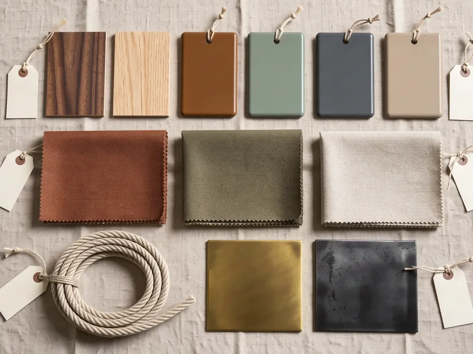 Wood, fabric, leather and metal finish samples with paper tags