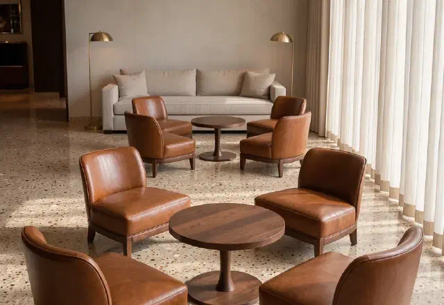 Leather lounge chairs around a round table in a hotel lobby